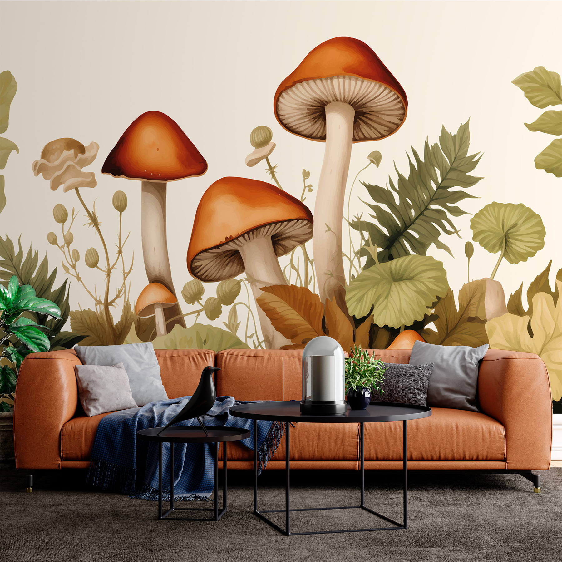 Group of mushrooms with leaves Group of mushrooms with leaves