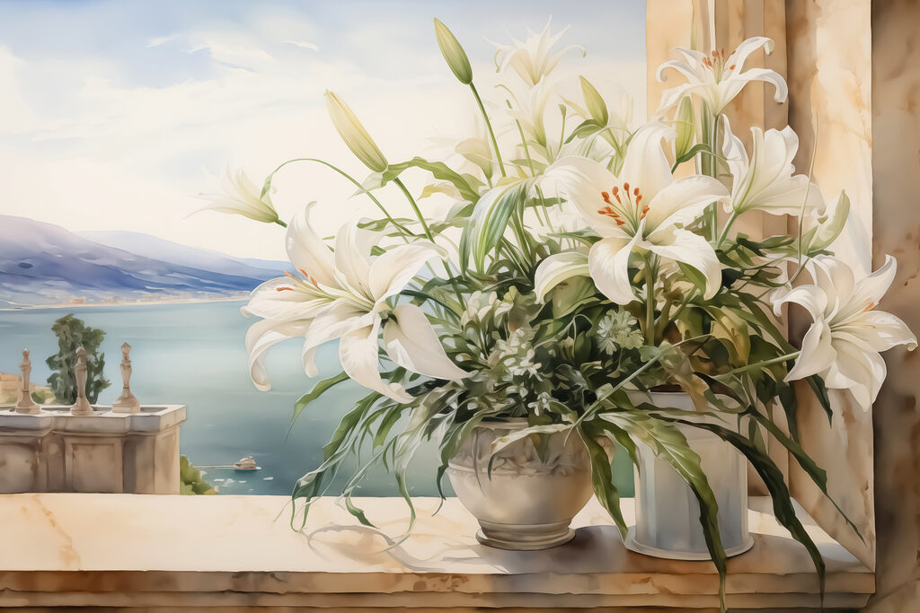 Painting of a white flower pot with white flowers Painting of a white flower pot with white flowers