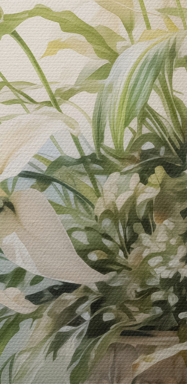 Painting of a white flower pot with white flowers Painting of a white flower pot with white flowers