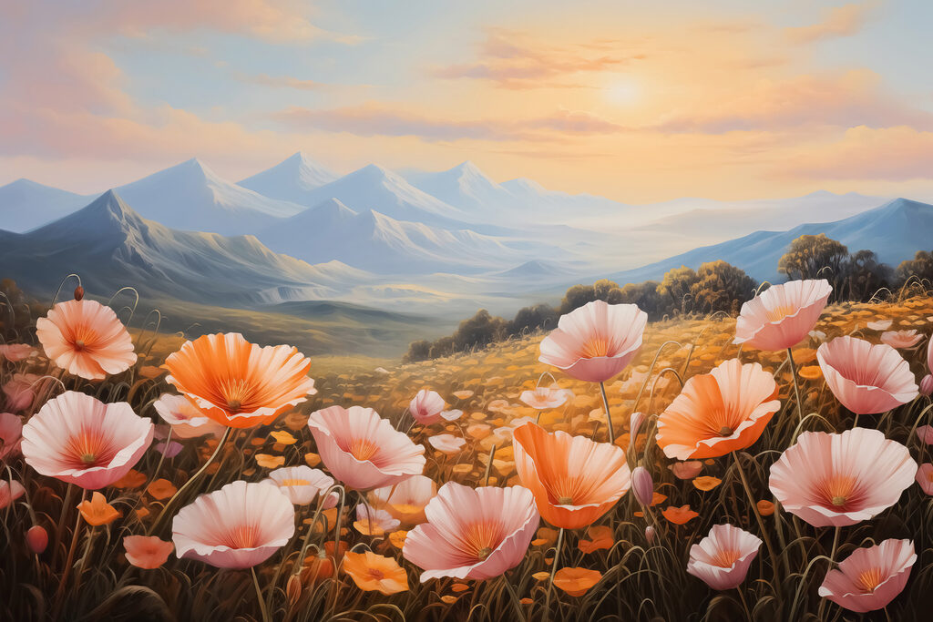 Field of flowers with mountains in the background Field of flowers with mountains in the background