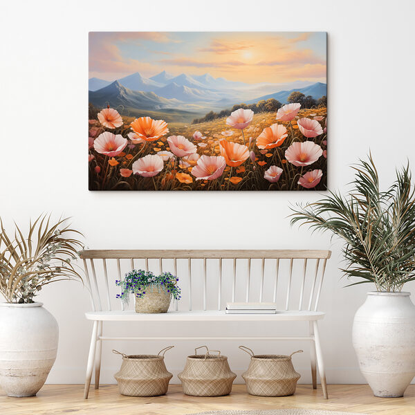 Field of flowers with mountains in the background Field of flowers with mountains in the background