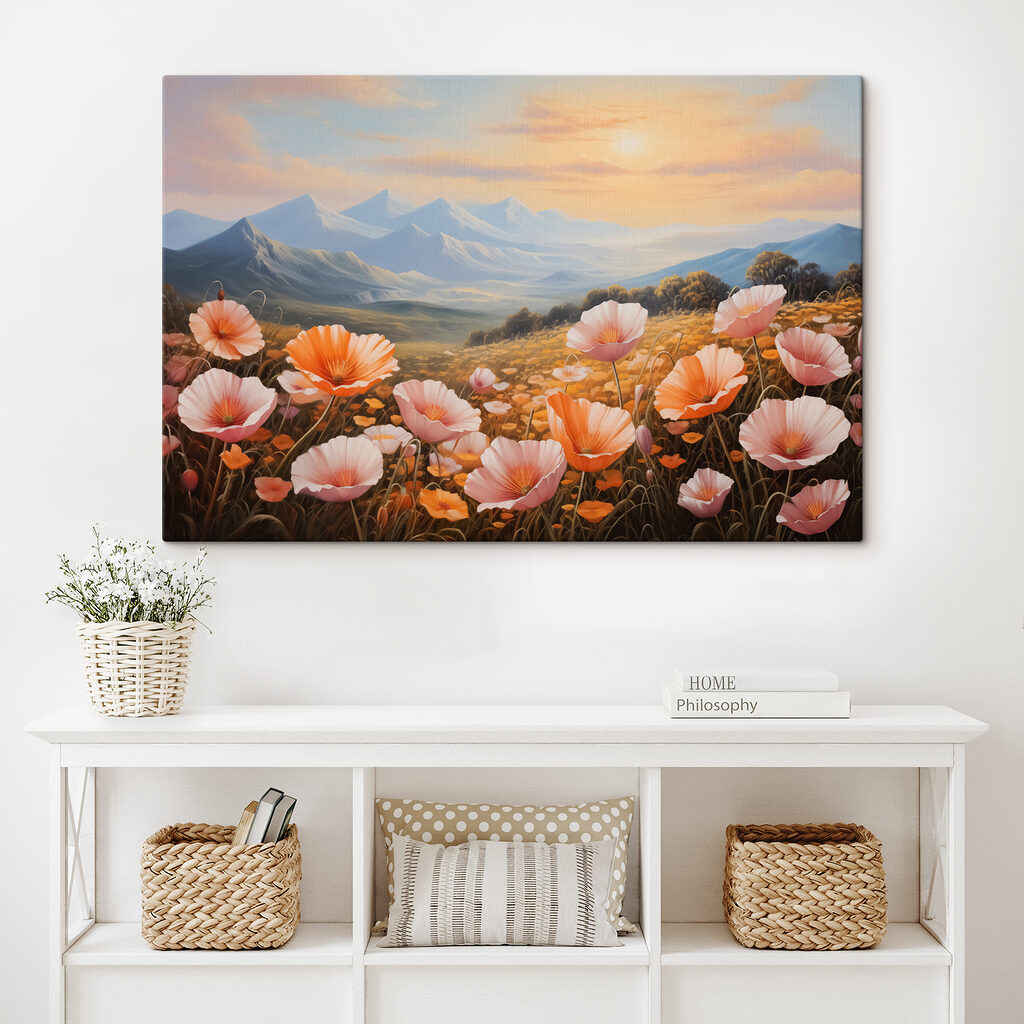 Field of flowers with mountains in the background Field of flowers with mountains in the background