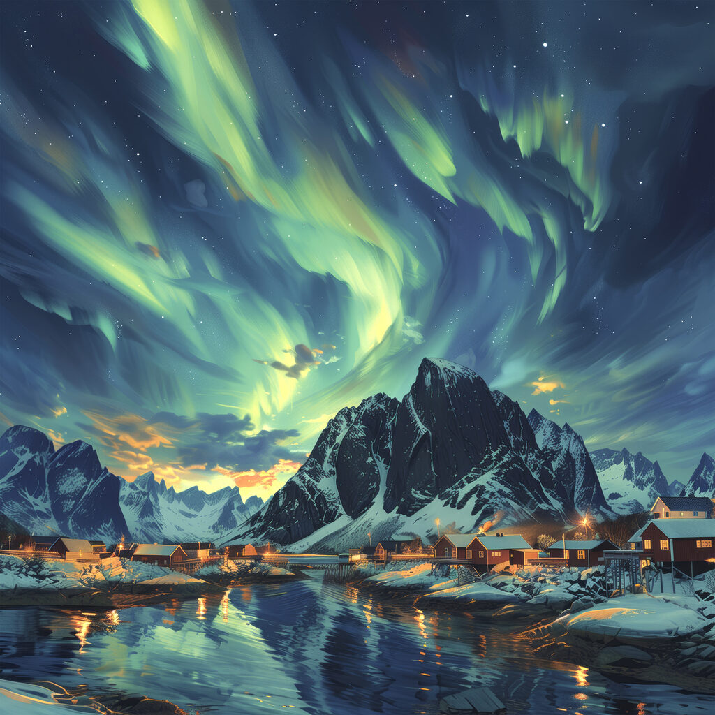 Landscape with a lake and houses in the snow Landscape with a lake and houses in the snow