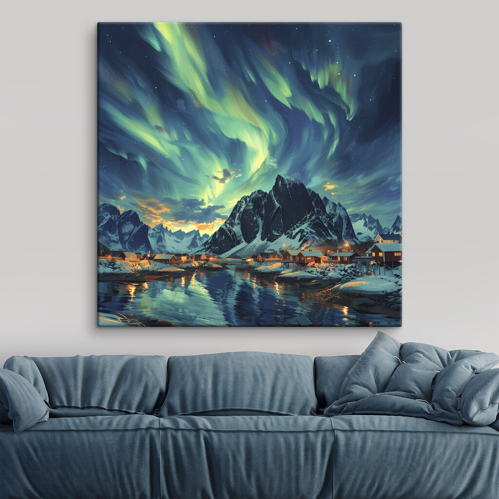 Landscape with a lake and houses in the snow Landscape with a lake and houses in the snow