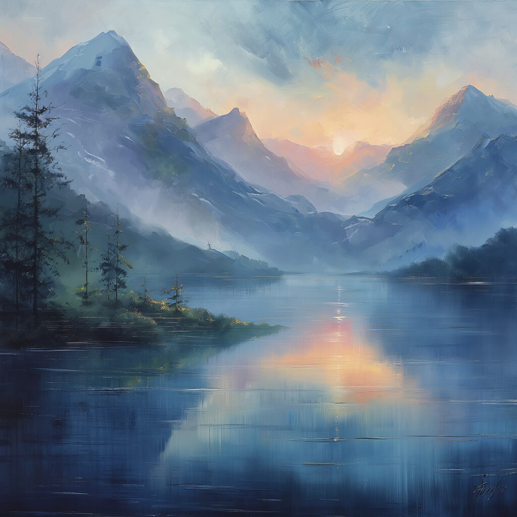 Painting of a lake with mountains and trees Painting of a lake with mountains and trees
