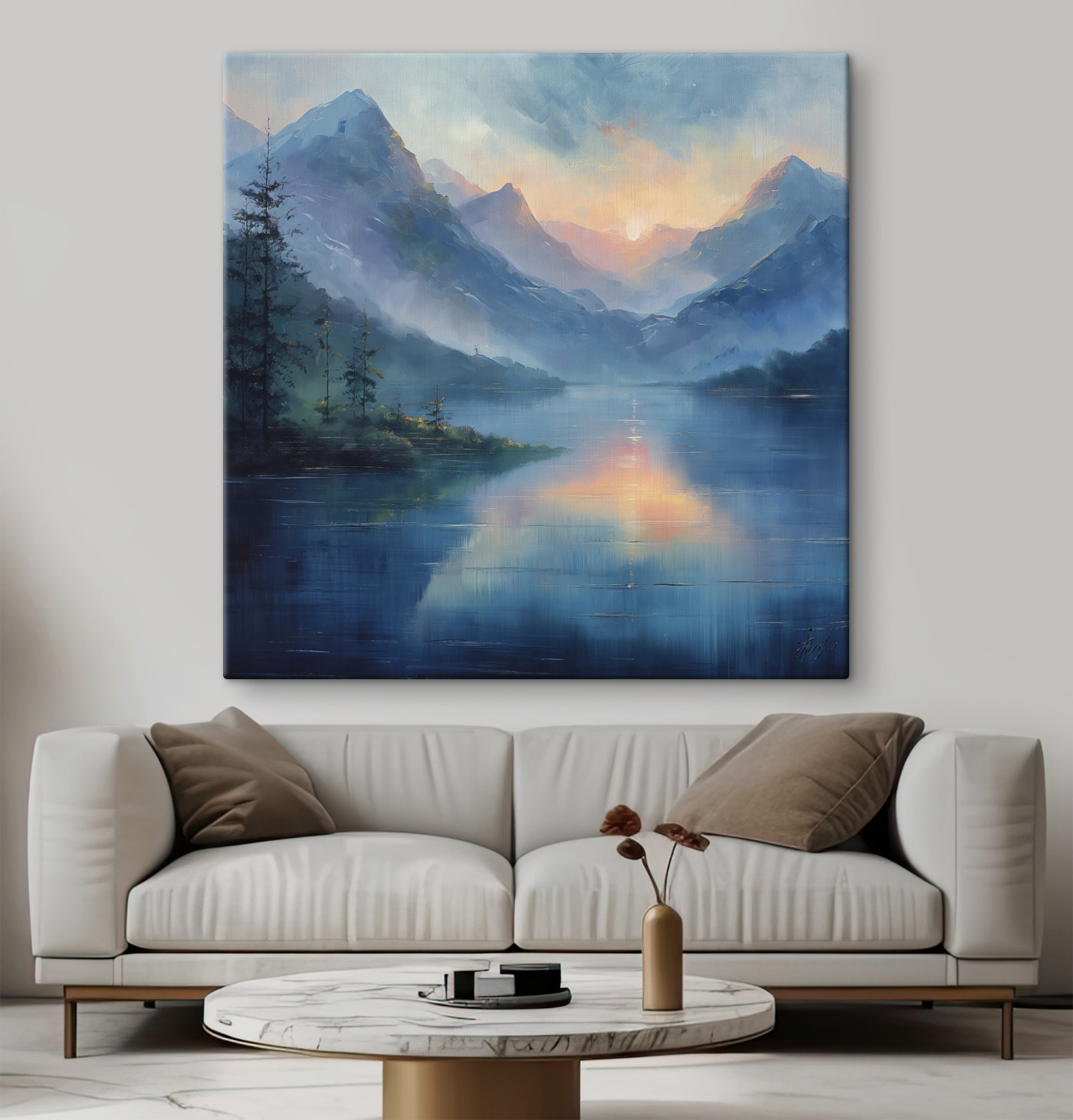 Painting of a lake with mountains and trees