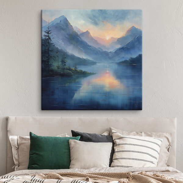 Painting of a lake with mountains and trees Painting of a lake with mountains and trees