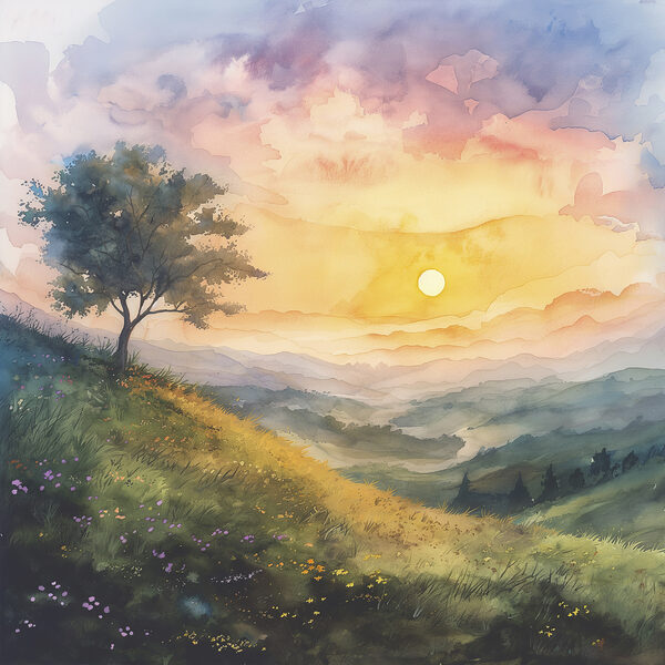 Painting of a landscape with a tree and flowers Painting of a landscape with a tree and flowers