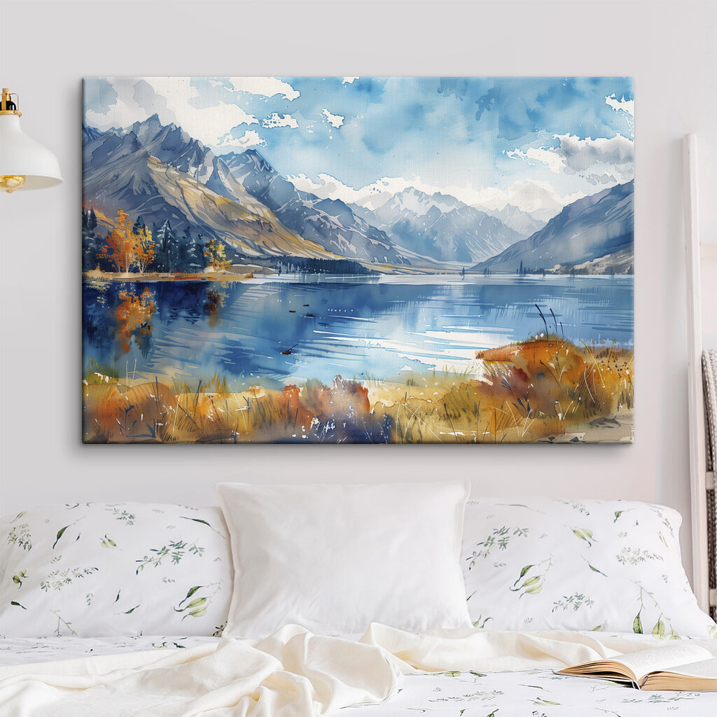 Watercolor painting of a lake surrounded by mountains and clouds Watercolor painting of a lake surrounded by mountains and clouds