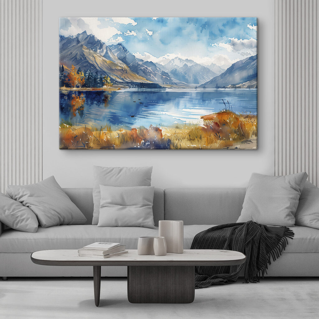 Watercolor painting of a lake surrounded by mountains and clouds Watercolor painting of a lake surrounded by mountains and clouds