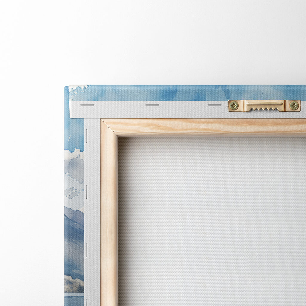 Watercolor painting of a lake surrounded by mountains and clouds Watercolor painting of a lake surrounded by mountains and clouds