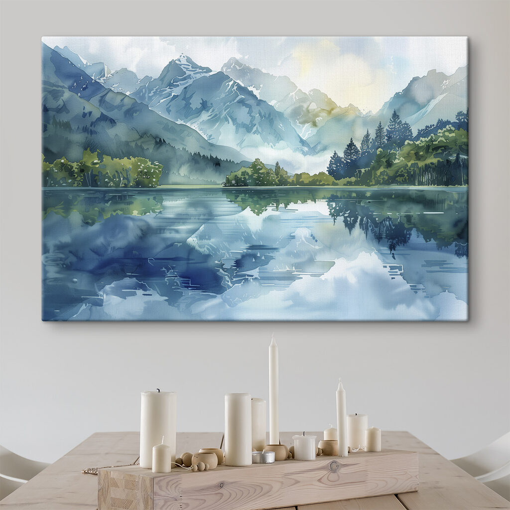 Water painting of a lake with trees and mountains in the background Water painting of a lake with trees and mountains in the background