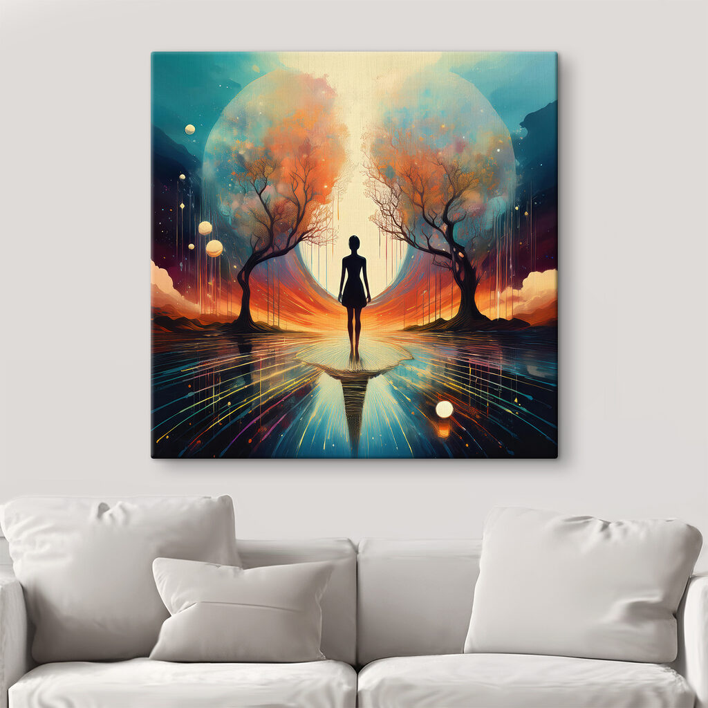 Woman standing on a reflective surface with trees and a large moon