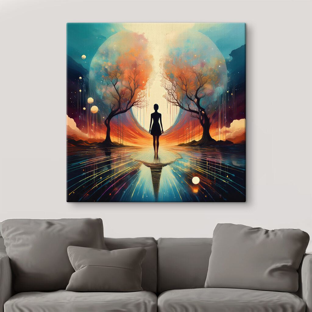 Woman standing on a reflective surface with trees and a large moon