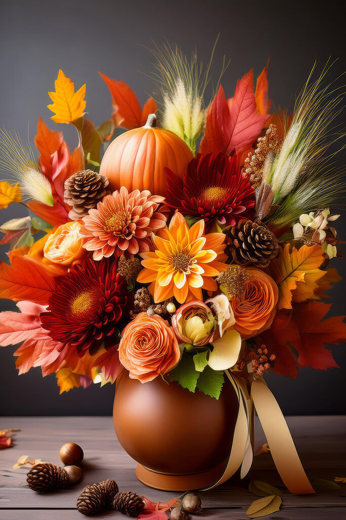 Vase of flowers and pumpkins Vase of flowers and pumpkins