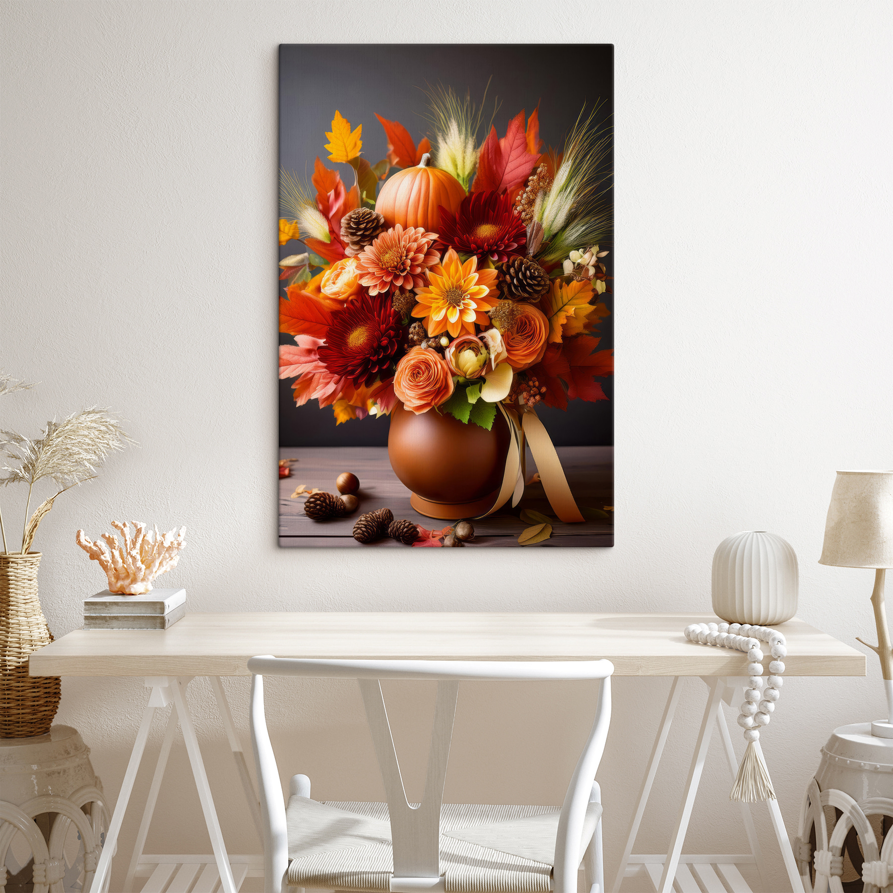 Vase of flowers and pumpkins