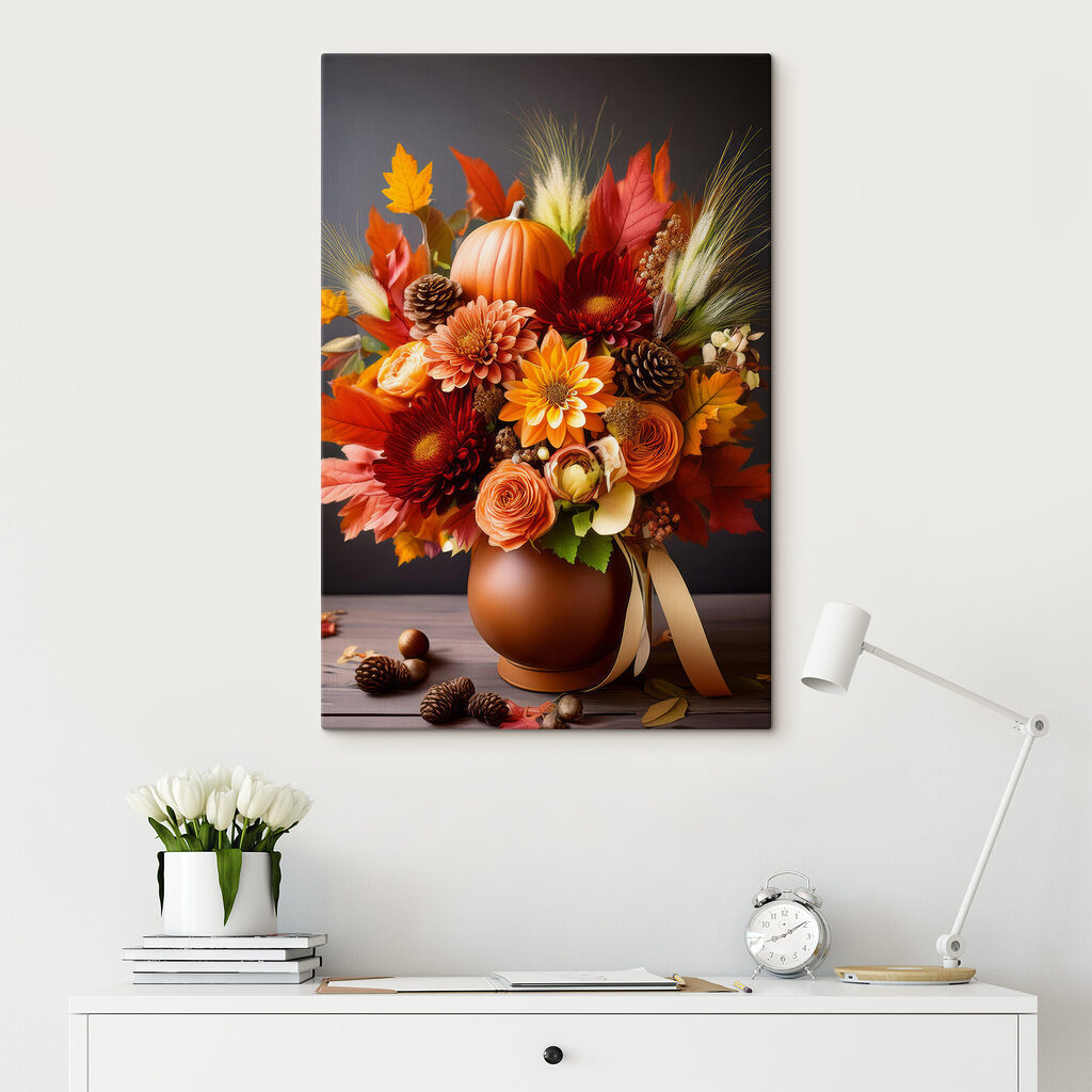 Vase of flowers and pumpkins Vase of flowers and pumpkins