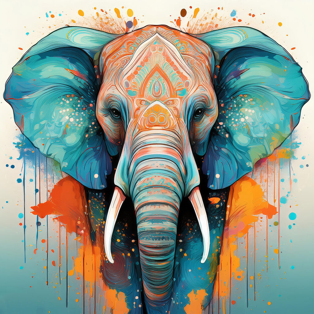 An elephant with colorful paint splatters