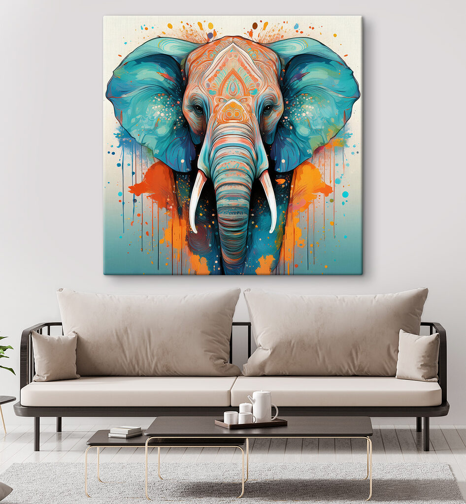 An elephant with colorful paint splatters