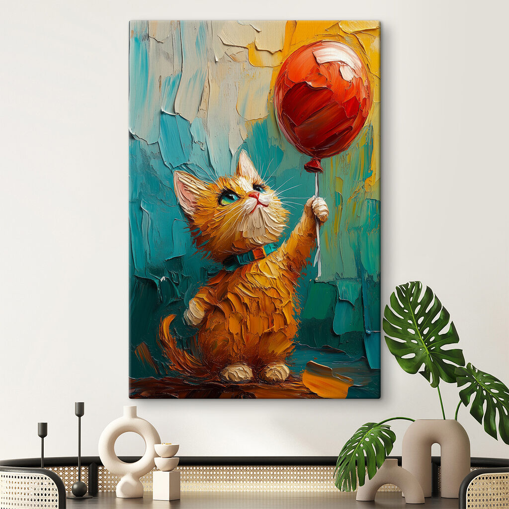 Painting of a cat holding a balloon