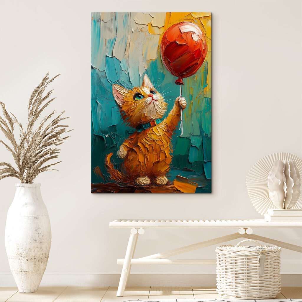 Painting of a cat holding a balloon