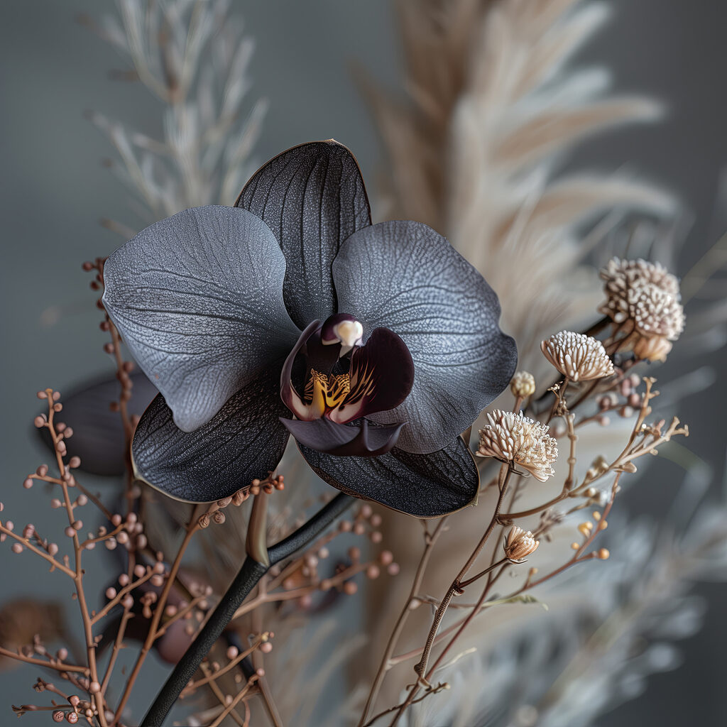 Black flower with white flowers
