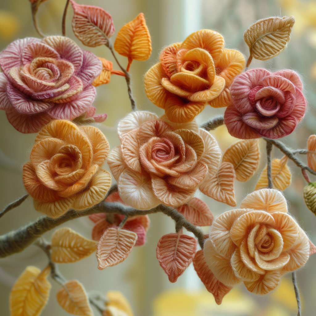 Colorful yarn flowers in bloom