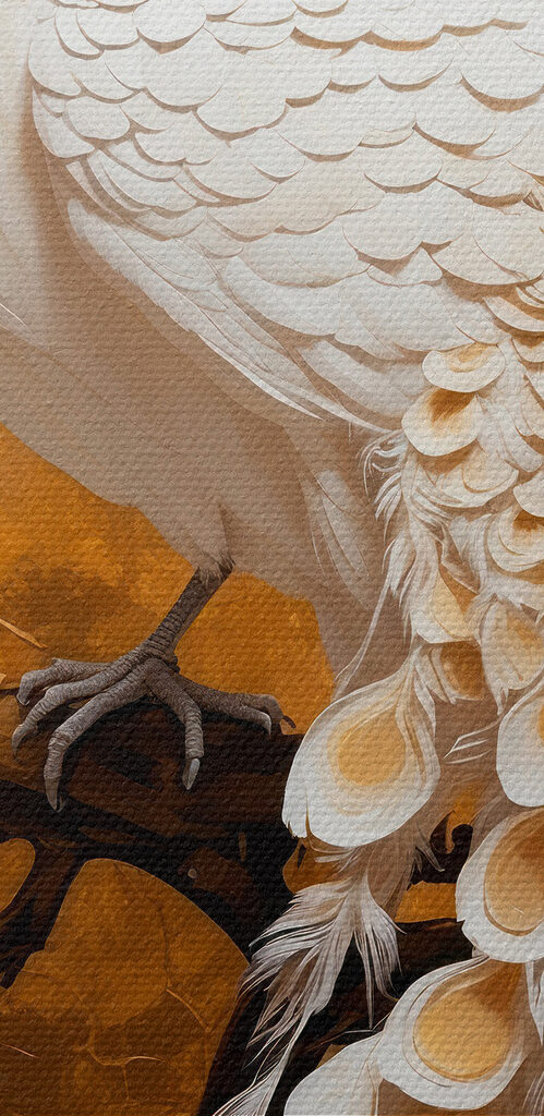 White peacock with feathers on a branch