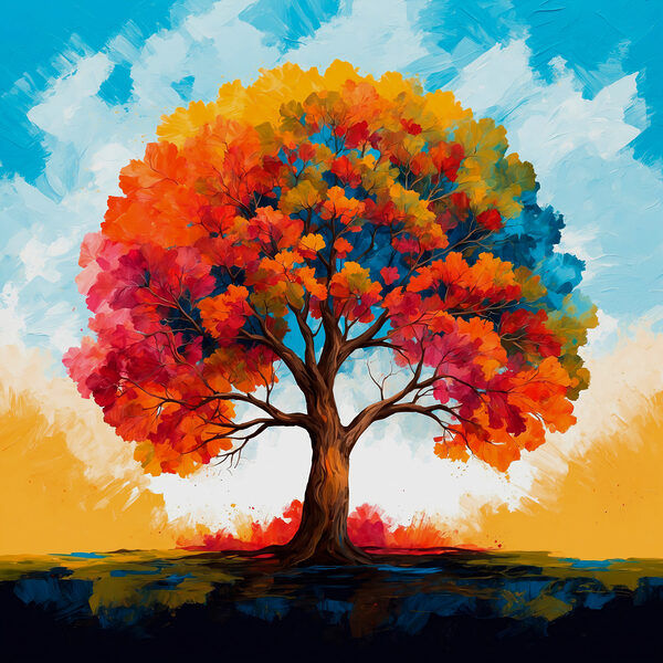 Painting of a tree with colorful leaves Painting of a tree with colorful leaves