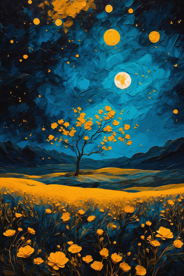 Painting of a tree in a field of flowers Painting of a tree in a field of flowers