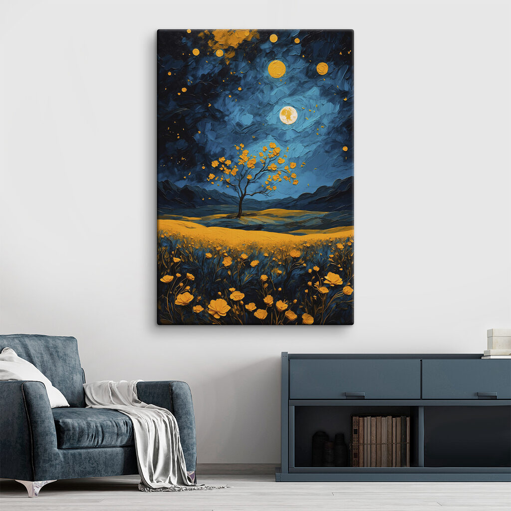Painting of a tree in a field of flowers Painting of a tree in a field of flowers