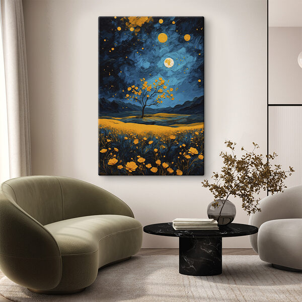Painting of a tree in a field of flowers Painting of a tree in a field of flowers