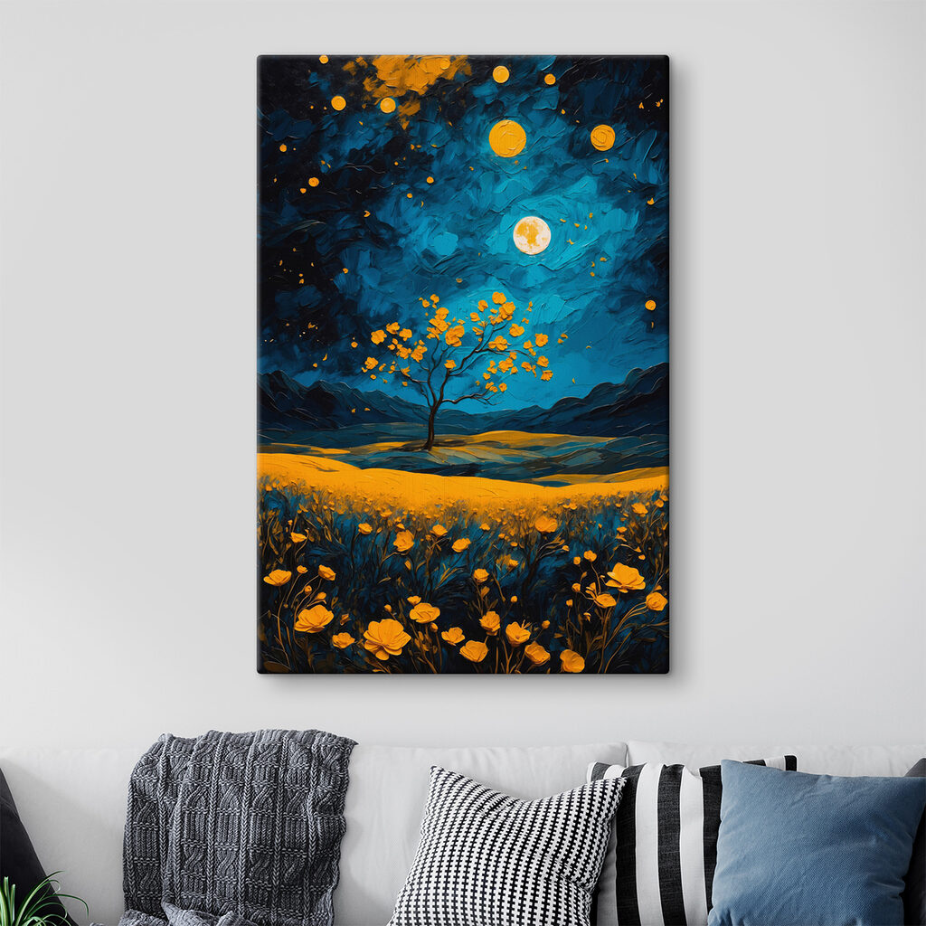 Painting of a tree in a field of flowers Painting of a tree in a field of flowers