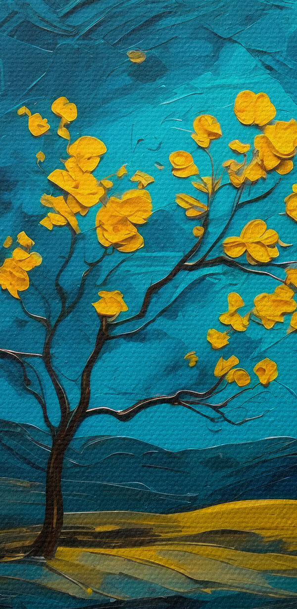 Painting of a tree in a field of flowers Painting of a tree in a field of flowers