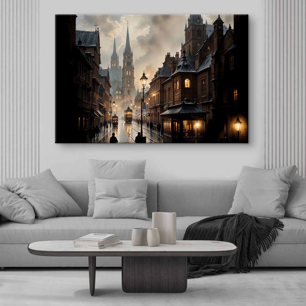 Street with buildings and a train on it Street with buildings and a train on it