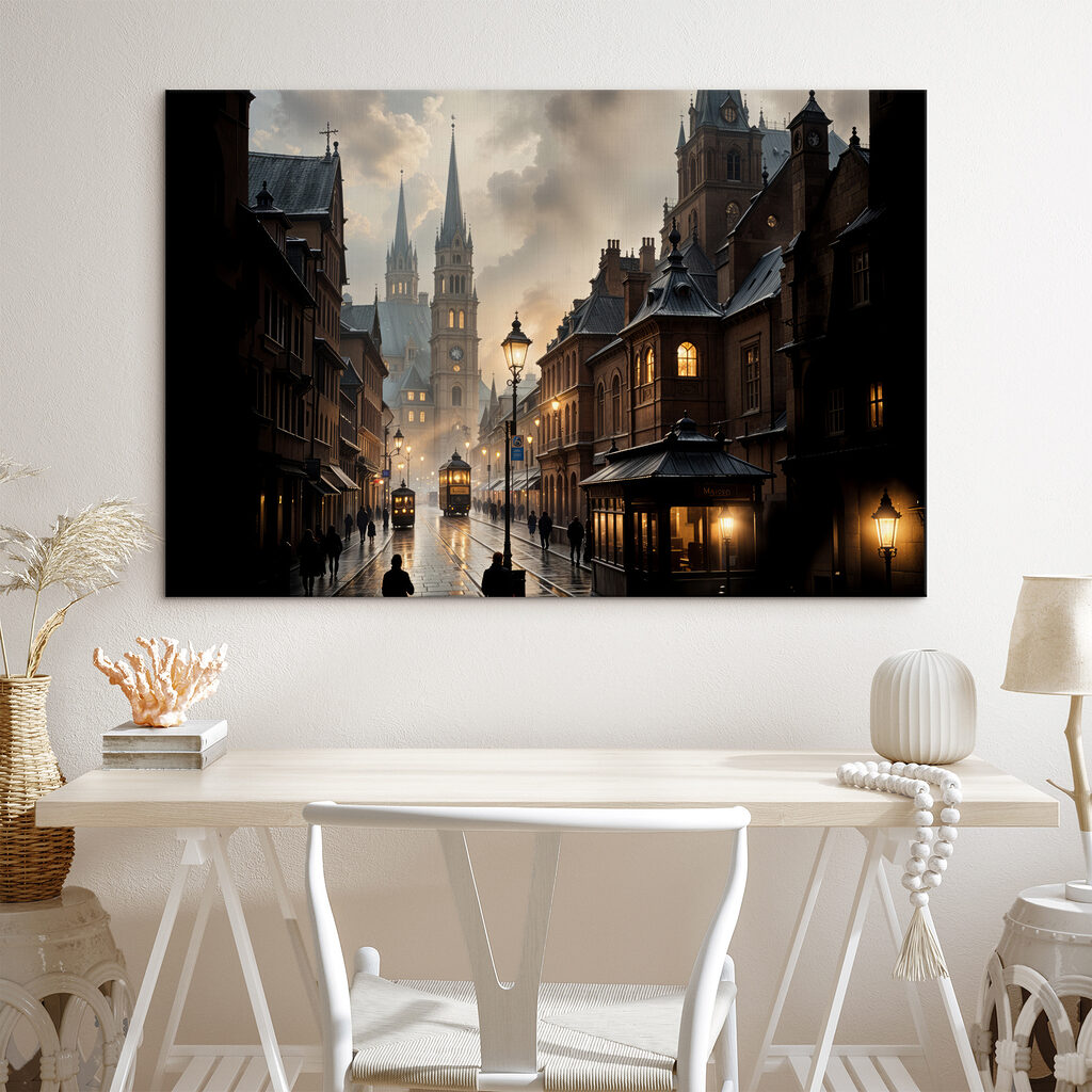 Street with buildings and a train on it Street with buildings and a train on it