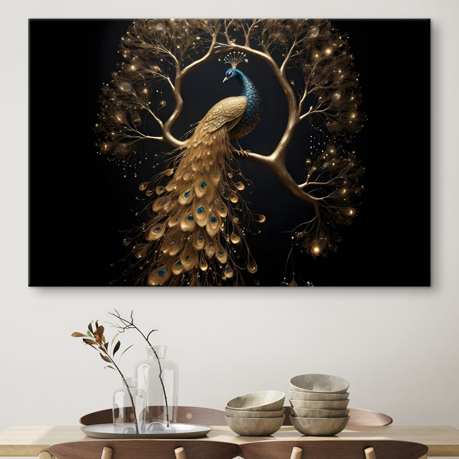 Peacock majesty amid luminous branches