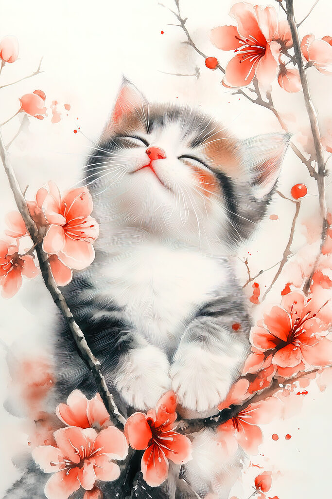 Cat sitting on a tree with flowers Cat sitting on a tree with flowers