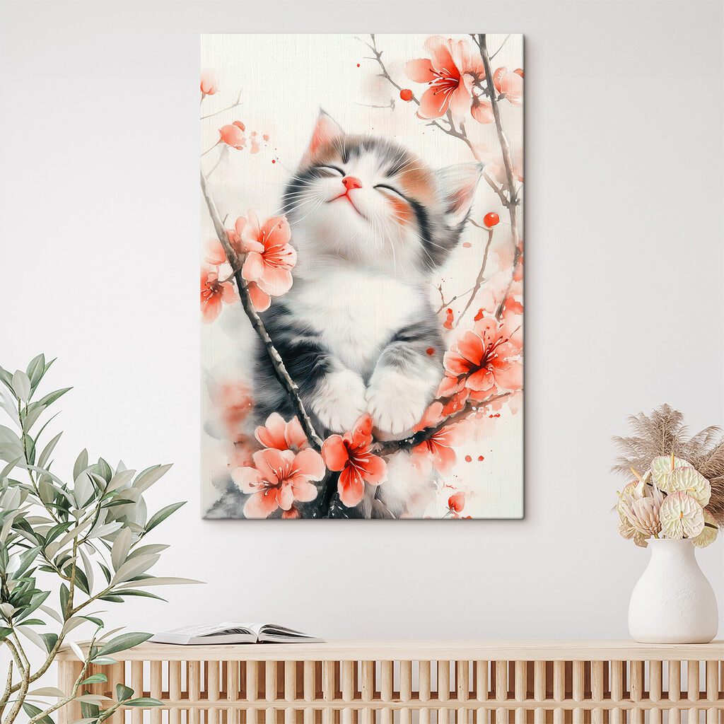 Cat sitting on a tree with flowers Cat sitting on a tree with flowers