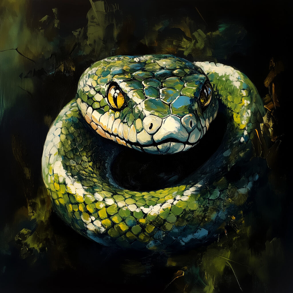 Green snake with yellow eyes Green snake with yellow eyes