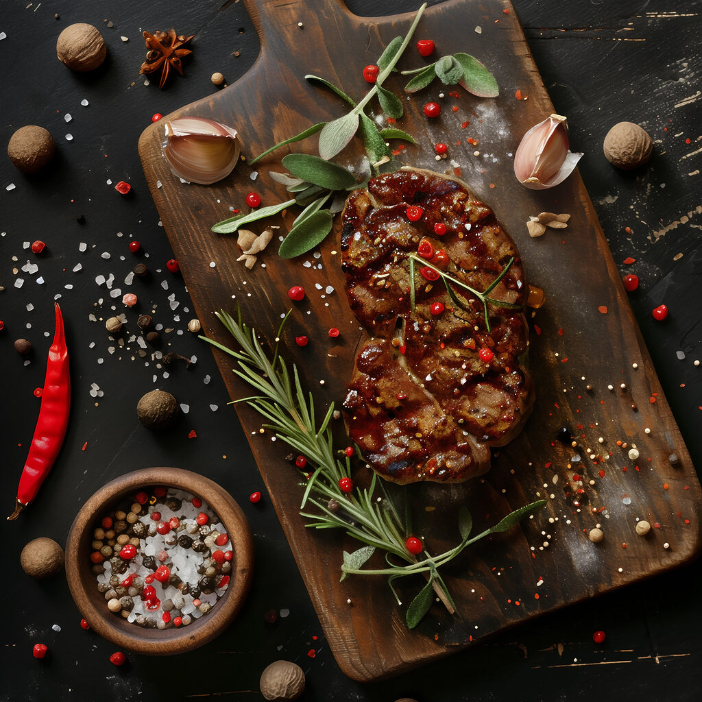 Piece of meat with spices and herbs on a cutting board Piece of meat with spices and herbs on a cutting board