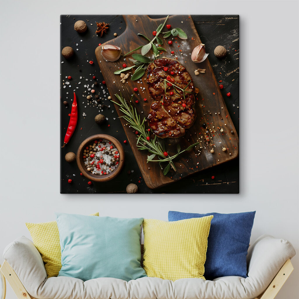 Piece of meat with spices and herbs on a cutting board Piece of meat with spices and herbs on a cutting board