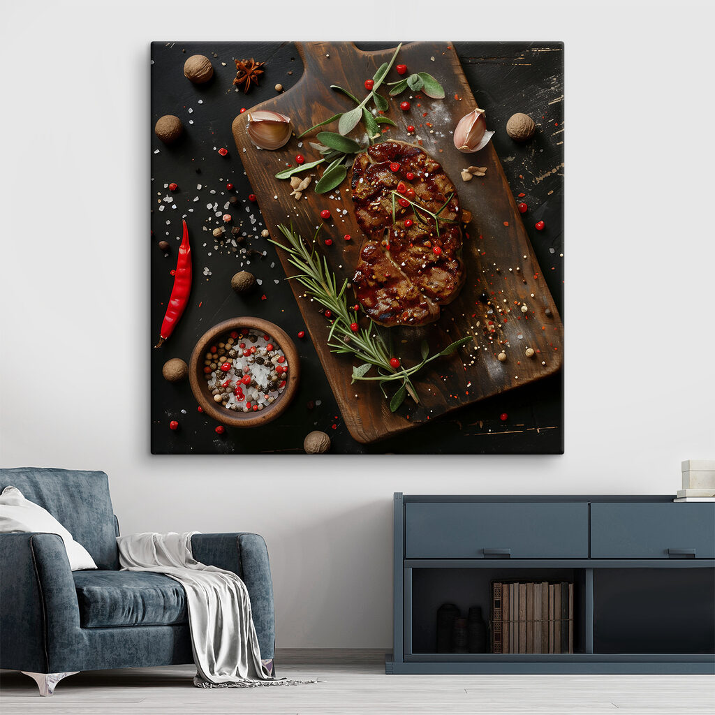 Piece of meat with spices and herbs on a cutting board Piece of meat with spices and herbs on a cutting board