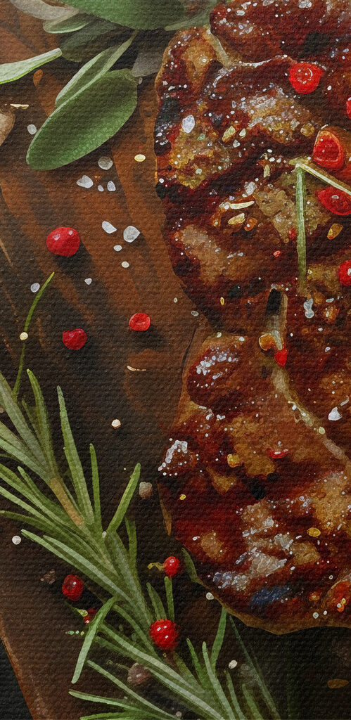 Piece of meat with spices and herbs on a cutting board Piece of meat with spices and herbs on a cutting board