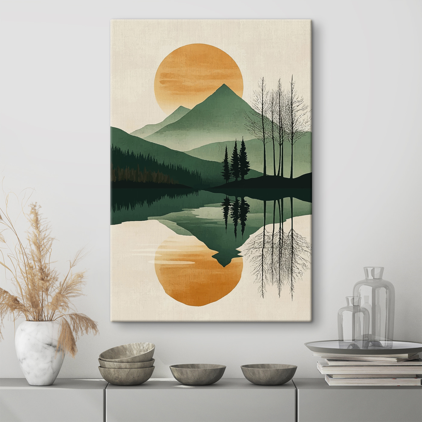 Landscape of mountains and trees and a lake Landscape of mountains and trees and a lake