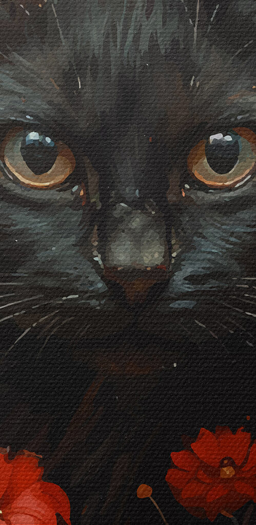 Black cat in a field of red flowers