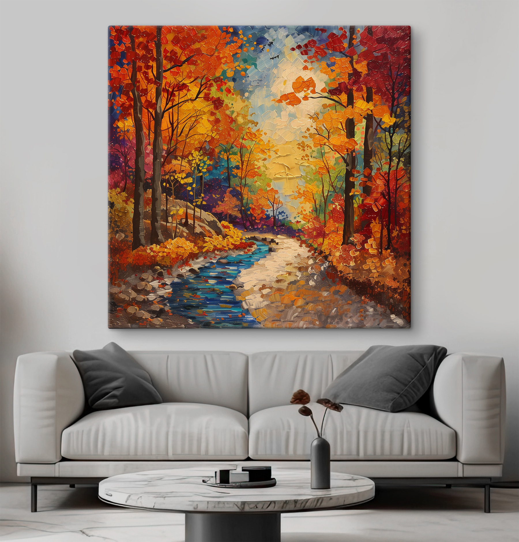 Painting of a river running through a forest Painting of a river running through a forest