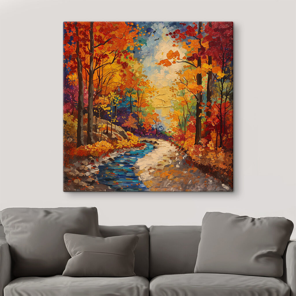 Painting of a river running through a forest Painting of a river running through a forest