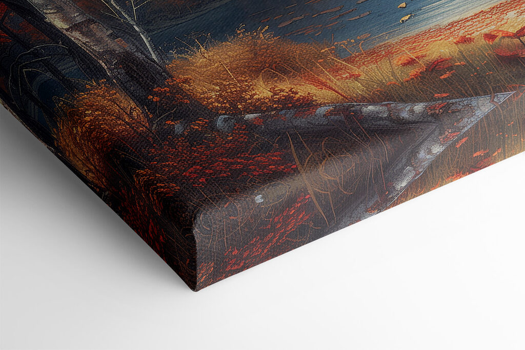 Lake with orange leaves and mountains in the background Lake with orange leaves and mountains in the background