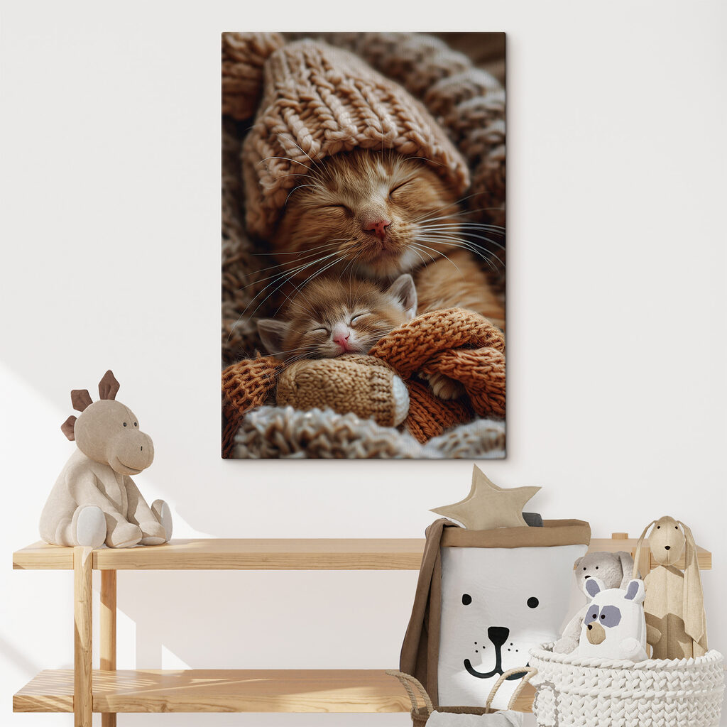 Cat and kitten in knitted hats Cat and kitten in knitted hats